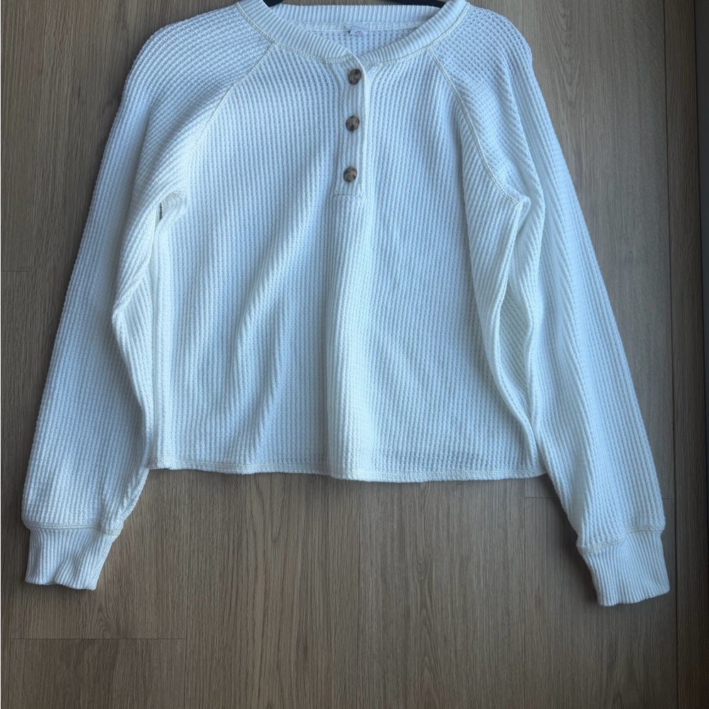 Women Old Navy White Waffle Knit Button-Down Shirt